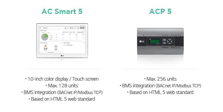 AC Smart 5 · 10-inch color display / Touch screen · Max. 128 units · BMS integration (BACnet IP/Modbus TCP) · Based on HTML 5 web standard  ACP 5 · Max. 256 units · BMS integration (BACnet IP/Modbus TCP) · Based on HTML 5 web standard