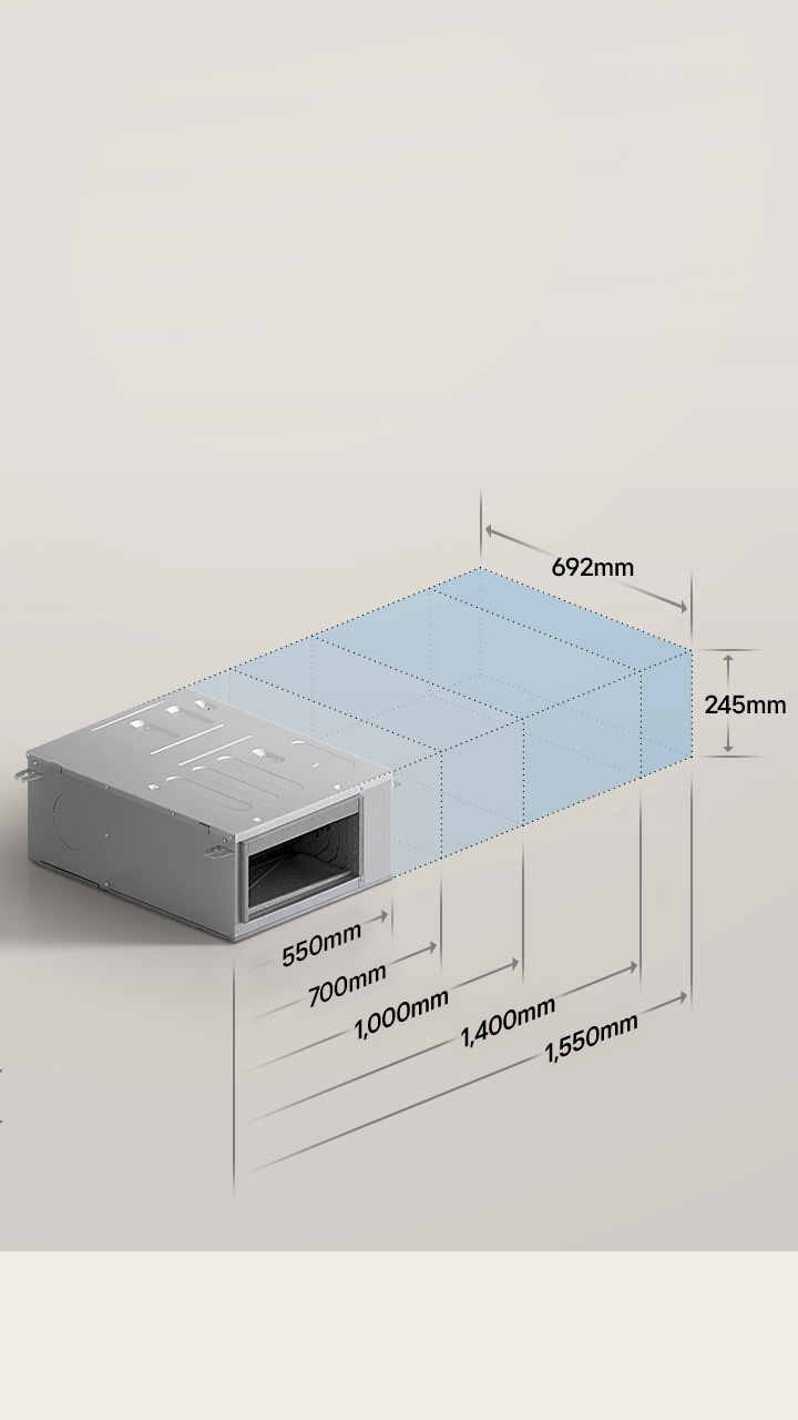 A rectangular Ceiling Concealed Ducted Unit showing its dimensions, 692mm in depth and 245mm in height.