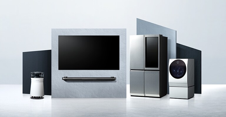 LG SIGNATURE OLED TV W, Refrigerator, and Washing Machine are laid on the virtual space.	
