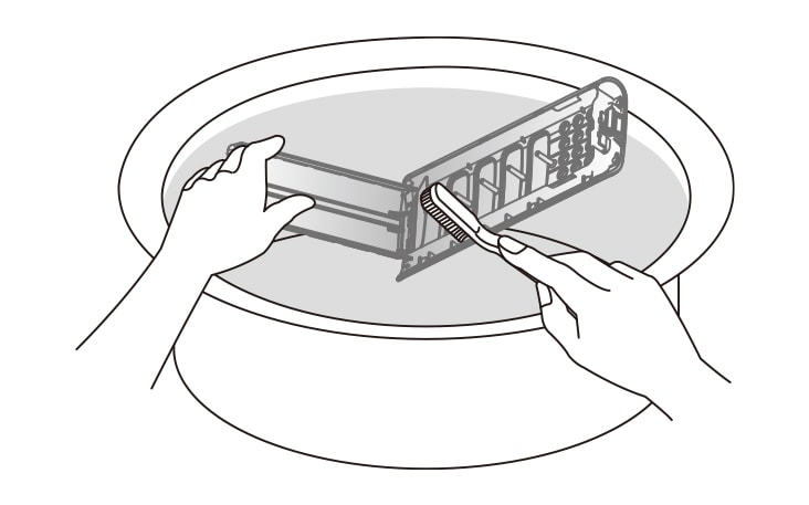 Submerge the open clean filter in water and clean it with a soft brush Allow the moisture to dry then close the clean filter