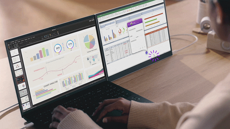 It shows the DCI-P3 99% (Typ.) wide colour gamut with vivid and colourful donuts on the screen.