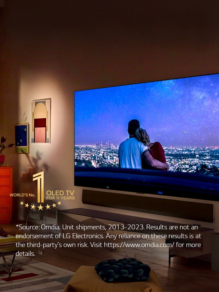 An image of LG OLED evo G3 on the wall of a modern and quirky New York City apartment with a romantic night scene playing on the screen.  10 Year World's No.1 OLED TV emblem.