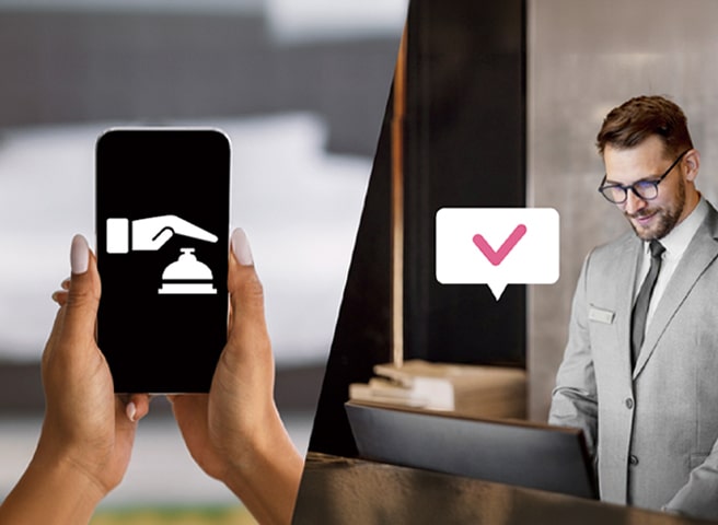 On the left, a scene depicting a customer requesting room service via phone is displayed, while on the right, a hotelier is depicted checking customer requests in real-time using a PC.