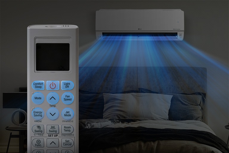 A dark image of a bed at night shows the air conditioner installed on the wall and blue air blowing out over the bed. In the foreground is the front of the remote control showing the buttons and temperature as they are highlighted in blue for easy viewing  in the dark.