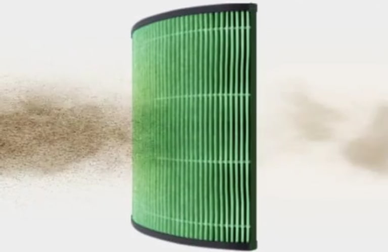 It shows harmful air being filtered into clean air through a three-stage filter in the product.