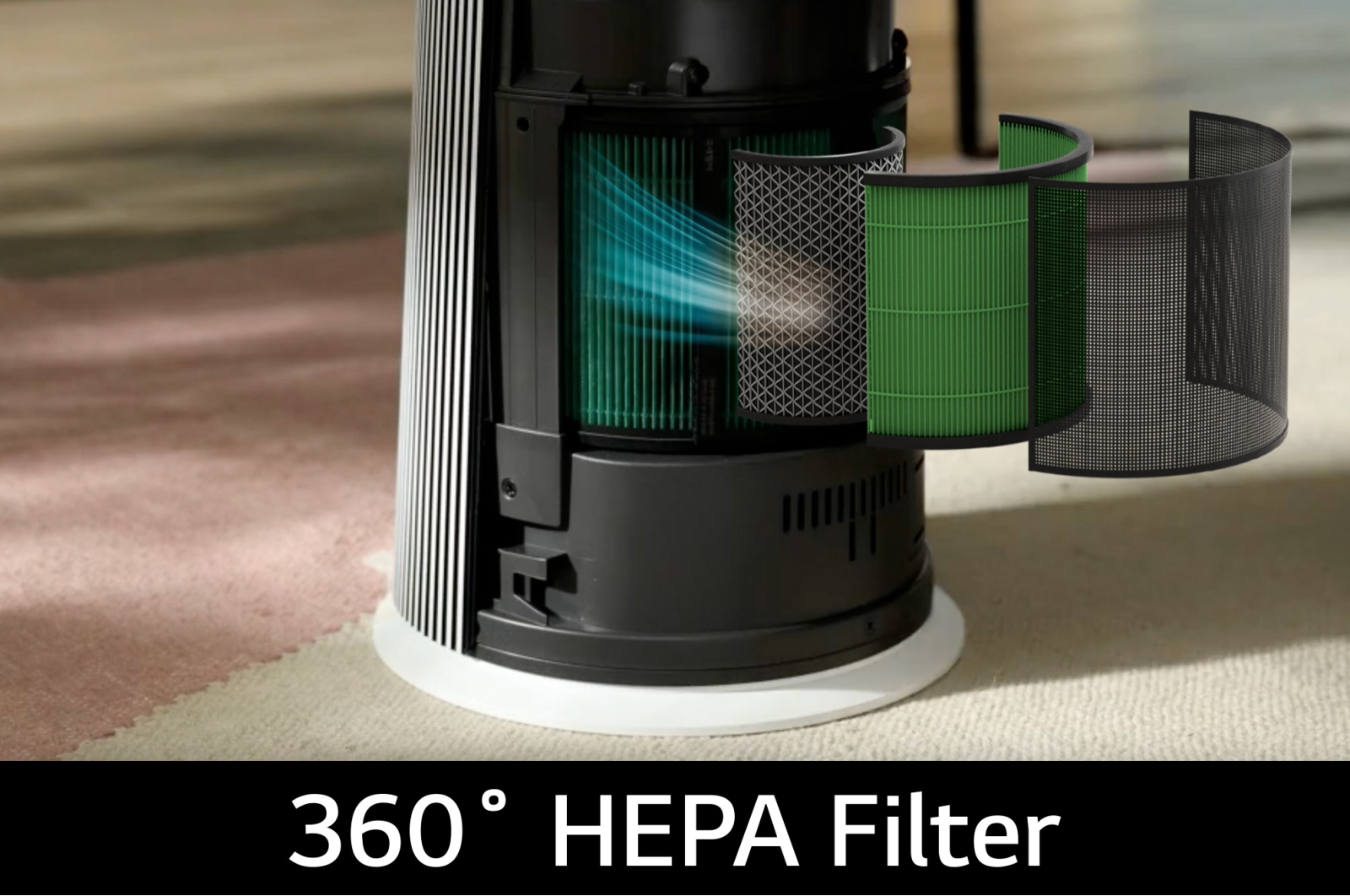 It shows that the filter of the product is separated through 3D images and harmful air is purified cleanly. After the air is purified, the filter and the product are combined again.