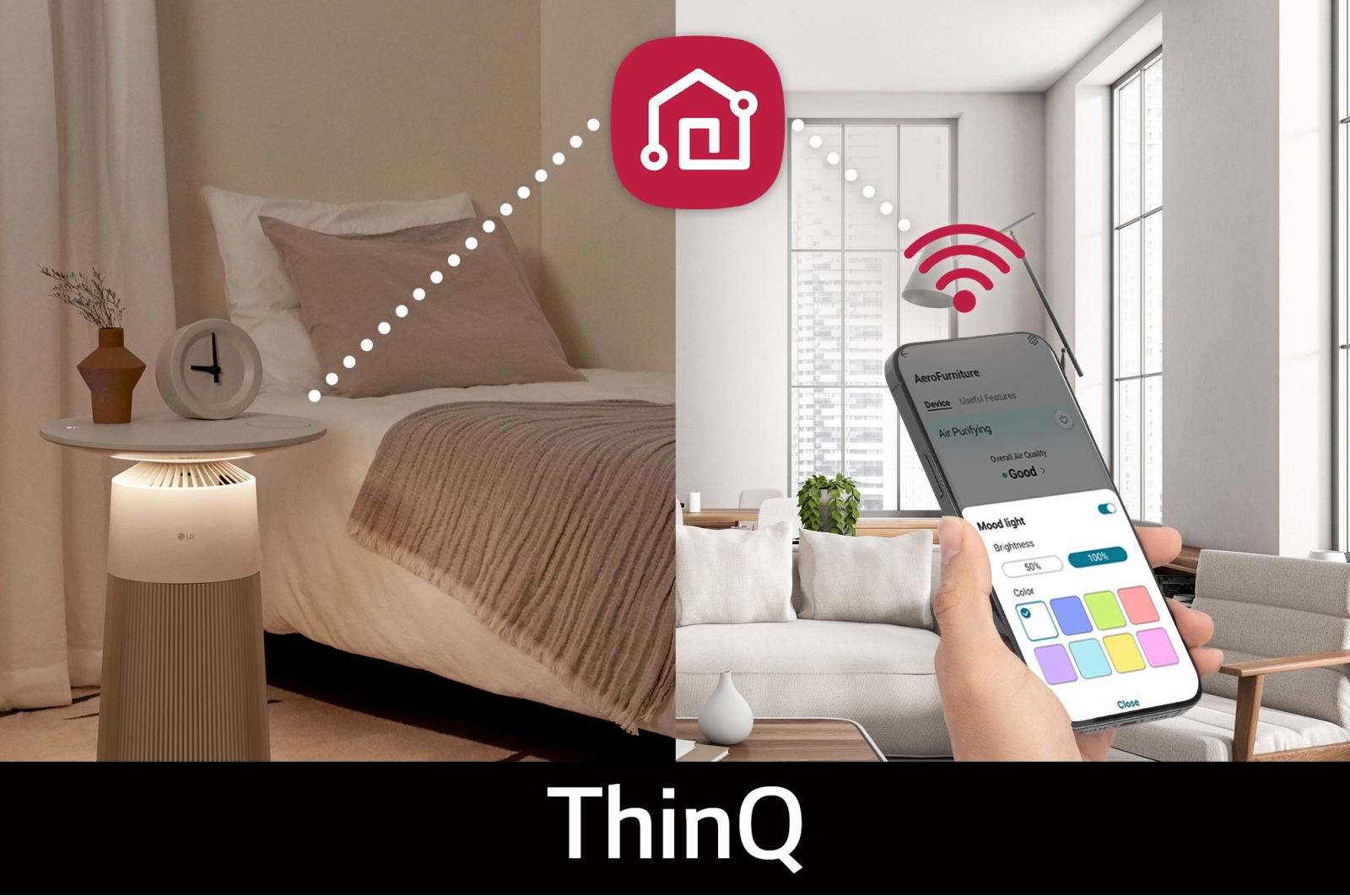 In a dark space, the product is emitting a moody color light. In the lower right corner, you can see the ThinQ app usage environment where you can adjust the color of the light from the product.