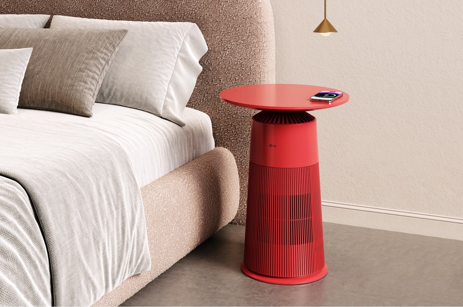 a phone charging on an air purifier as a bedside table