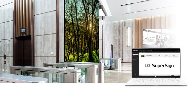 The MAGNIT is installed in a corporate lobby, and it is being managed by LG SuperSign solution.