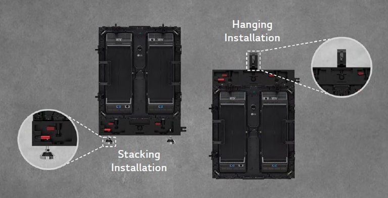 The part where the cabinet can be installed either as stacking or hanging is enlarged and shown.