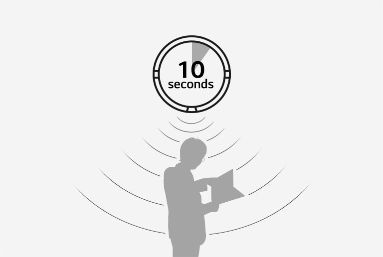 A pictogram shows 10 seconds time mark with waves that seem to detect the silhouette of a person.