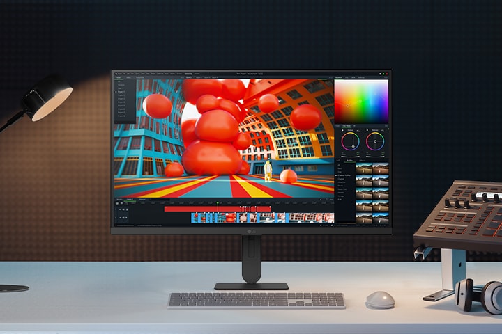 A clean studio workspace featuring the LG UltraFine 27U730B monitor displaying vibrant 3D motion graphics, flanked by a desk lamp and professional audio/video editing equipment.