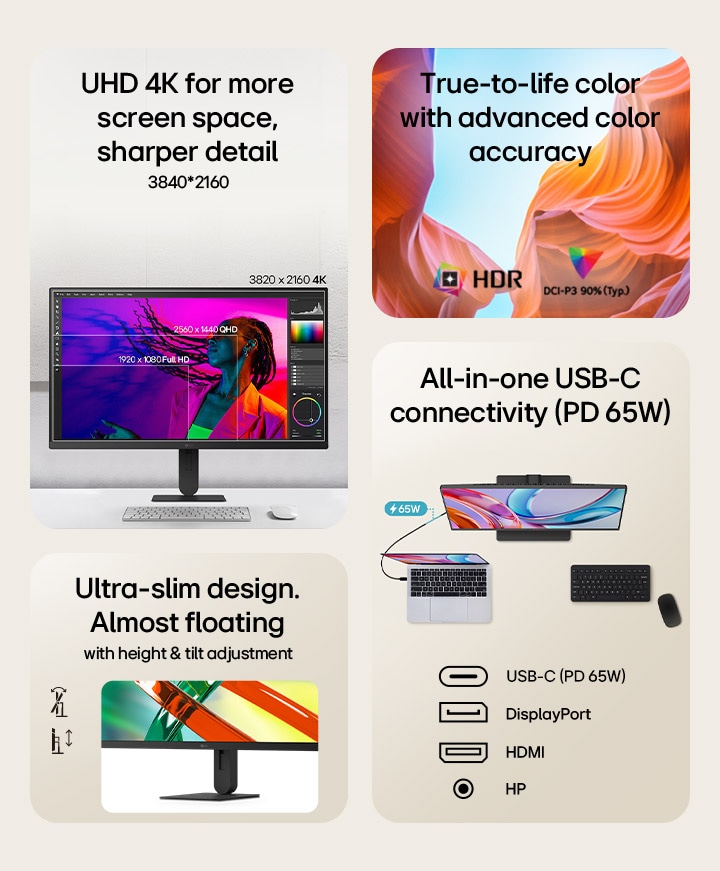 LG monitor displays UHD 4K resolution (3840x2160), highlights USB-C connectivity (PD 65W), and emphasizes advanced color accuracy within an ultra-slim, adjustable design. 	