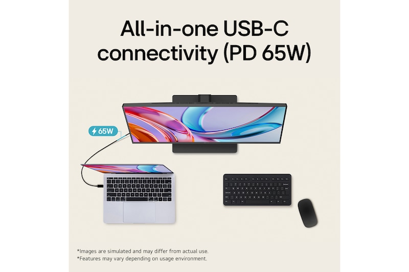 LG UltraFine monitor with USB-C connectivity supporting up to 65W power delivery, connected to a laptop and peripherals for a streamlined workspace setup