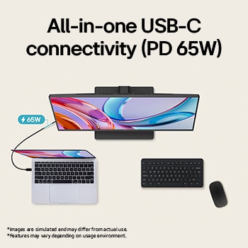 LG UltraFine monitor with USB-C connectivity supporting up to 65W power delivery, connected to a laptop and peripherals for a streamlined workspace setup