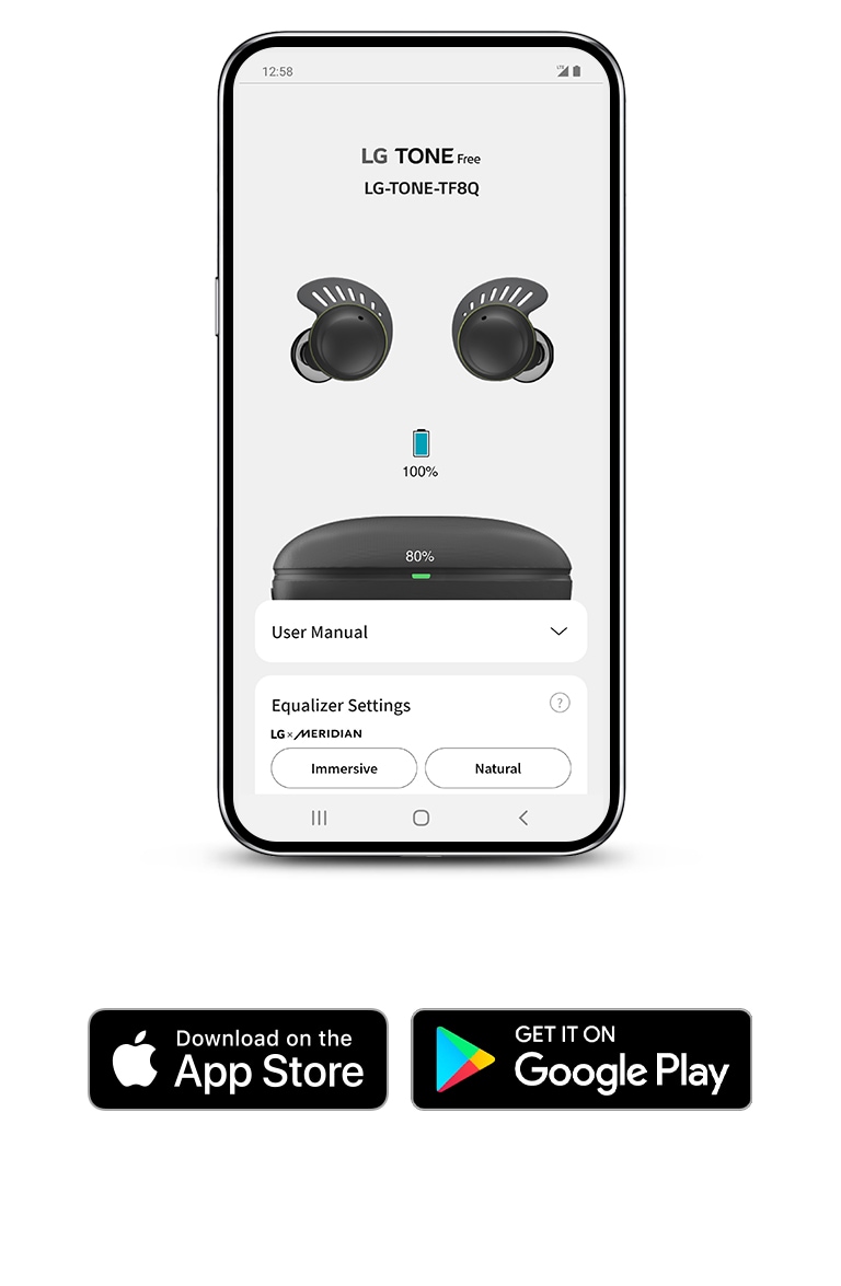 The LG TONE Free app screen linked to the TONE Free fit product is displayed on the mobile phone, and there are Apple App Store and Google Play Store icons to the right.