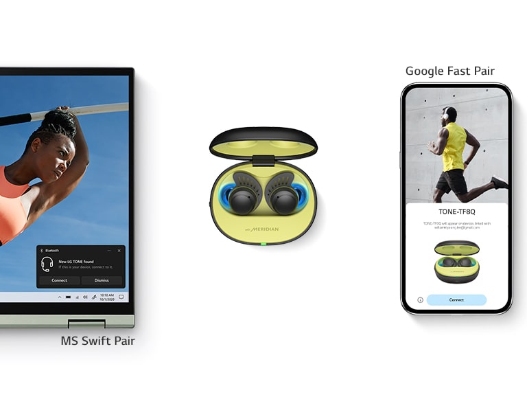 A video with TONE Free fit placed in the center, a Windows PC on the left, and an Android device on the right. When the TONE Free fit cradle lid opens, each device is paired and a connection pop-up appears.