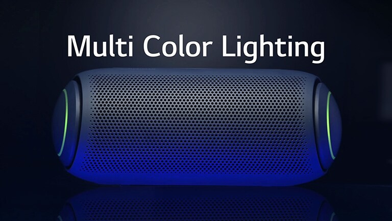A front view of XBOOM Go with muli-colored woofer lighting on a dark background