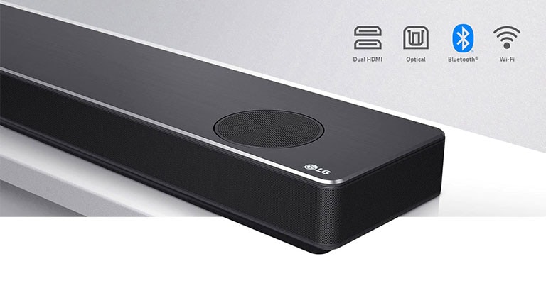 Close-up LG Soundbar right side with LG logo on the bottom right corner. Connectivity icons shown above the product.