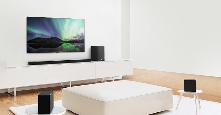 Video preview showing LG Soundbar in a white living room with 7.1.4 channel setup.