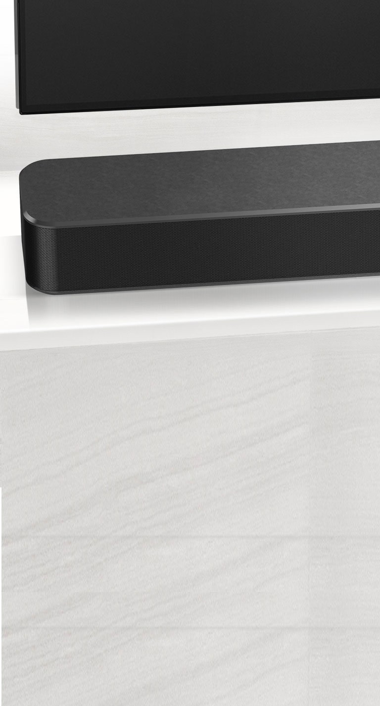 LG Soundbar SN6Y 3.1Ch High Res Audio, close-up right side, and front on the shelf, SN6Y