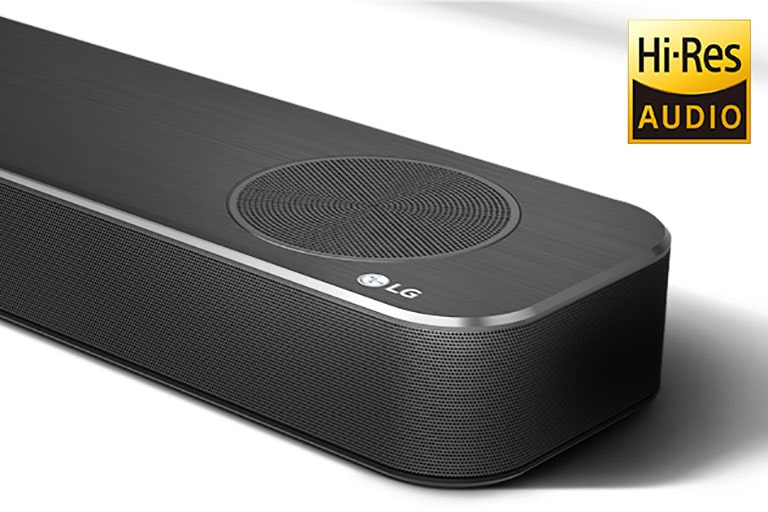 Close-up of LG Soundbar right side with LG logo shown on the bottom right corner. Hi-Res logo shown above the product.