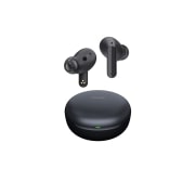 Image with earbuds floating over a closed cradle.