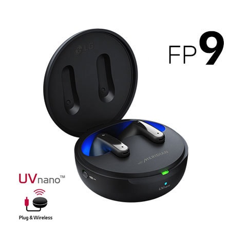 A 15 degrees angle of cradle opened up with mood lighting on and UVnano and Plug&wireless logos