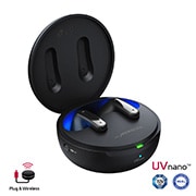 A 15 degrees angle of cradle opened up with mood lighting on and UVnano and Plug&wireless logos