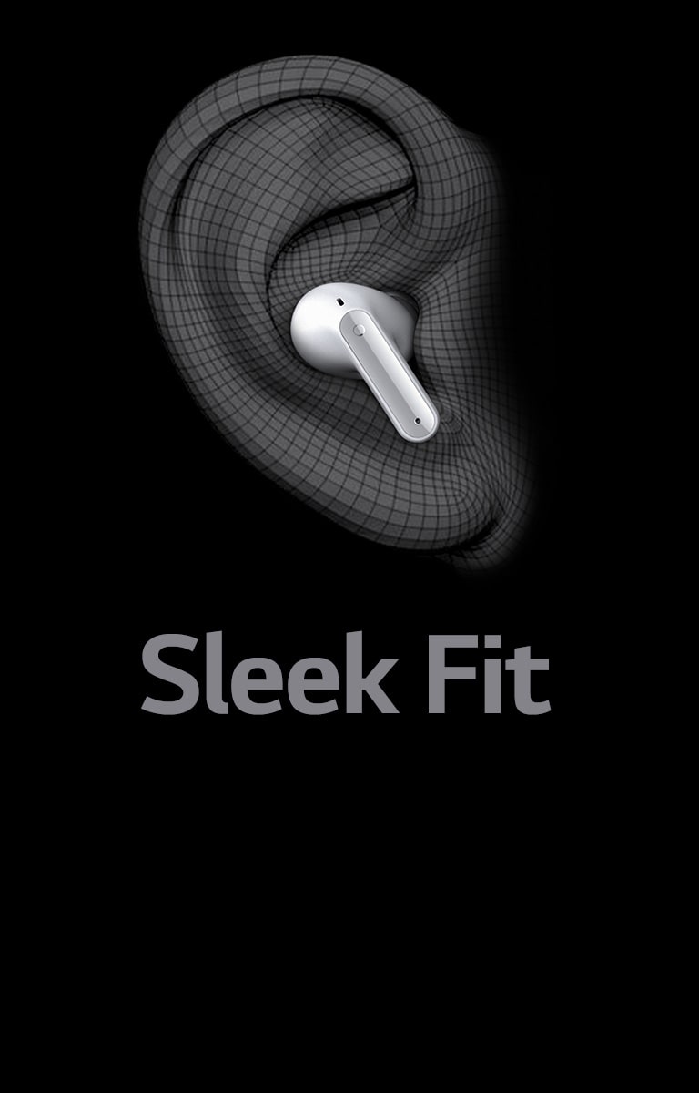 An image of TONE Free worn on the ear shape expressed in 3D.Below it is written the word Sleek Fit.