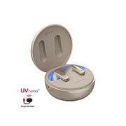 A 15 degrees angle of cradle opened up with mood lighting on and UVnano and Plug&wireless logos