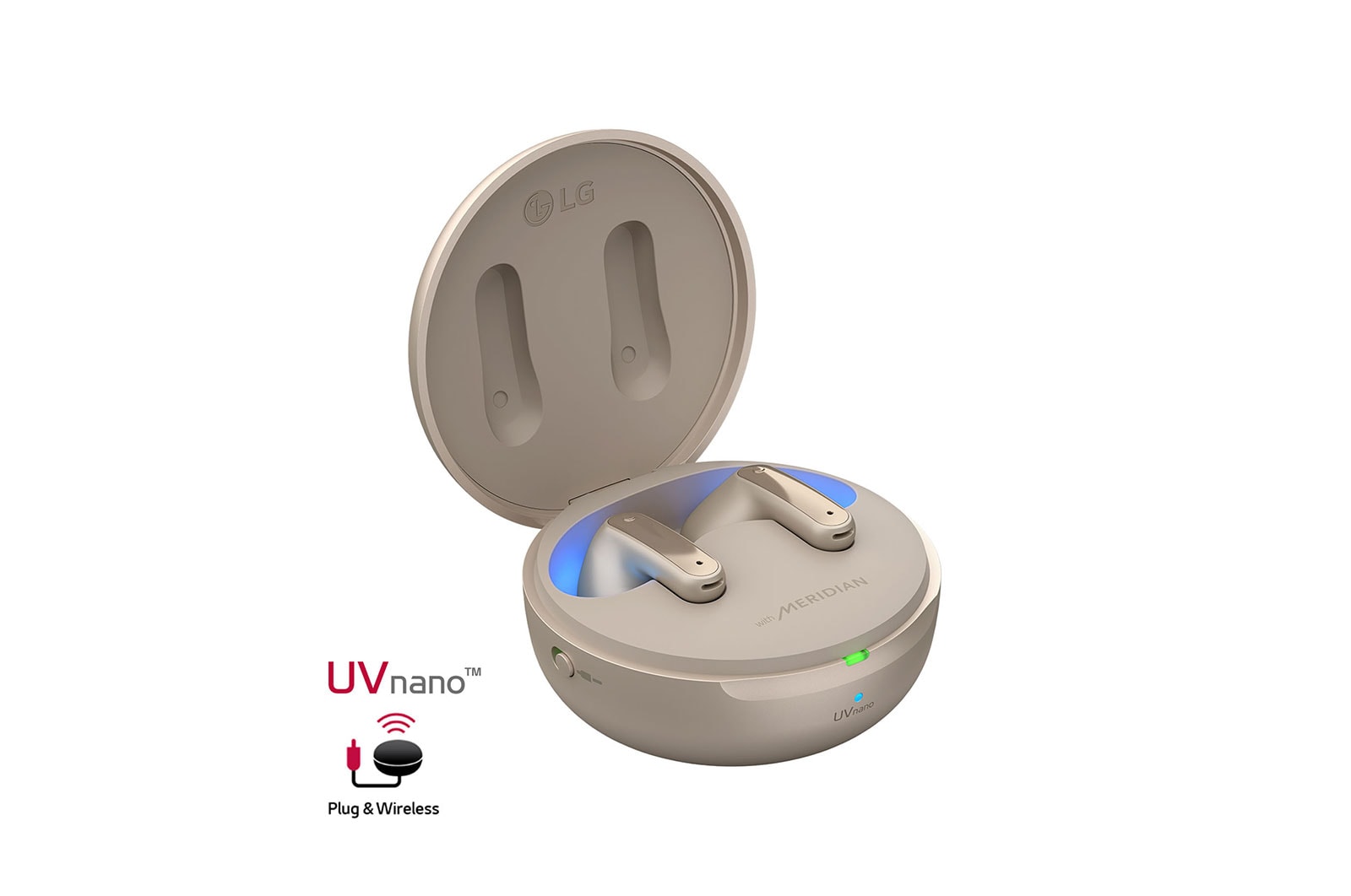 A 15 degrees angle of cradle opened up with mood lighting on and UVnano and Plug&wireless logos
