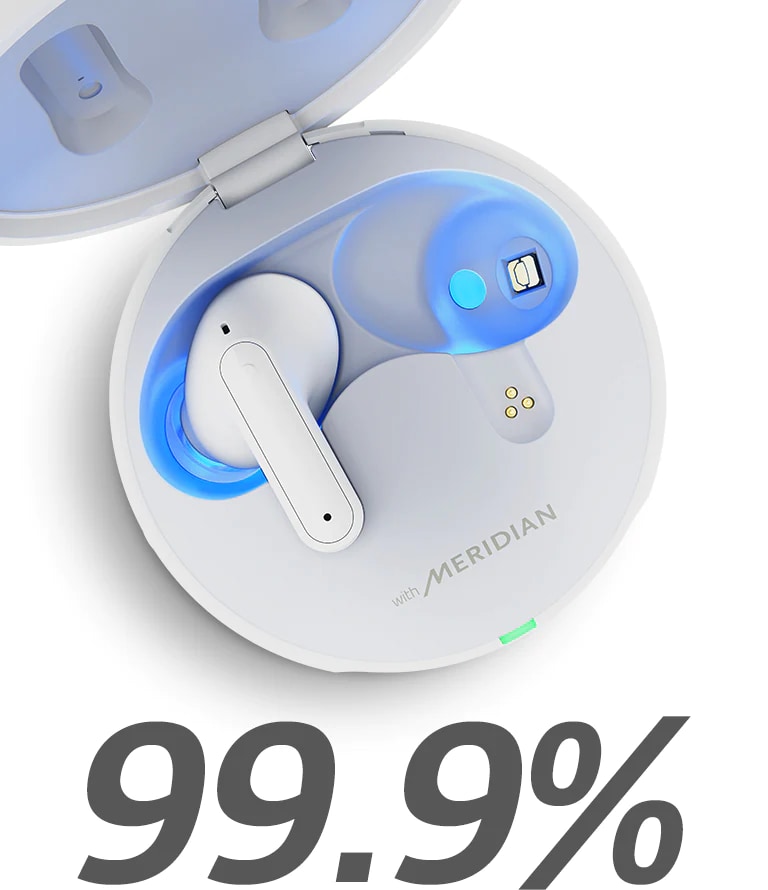 Blue UV lighting is on on the tone-free product with the cradle open, and the phrase UVnano Kills 99.9% of Bacteria is highlighted below.