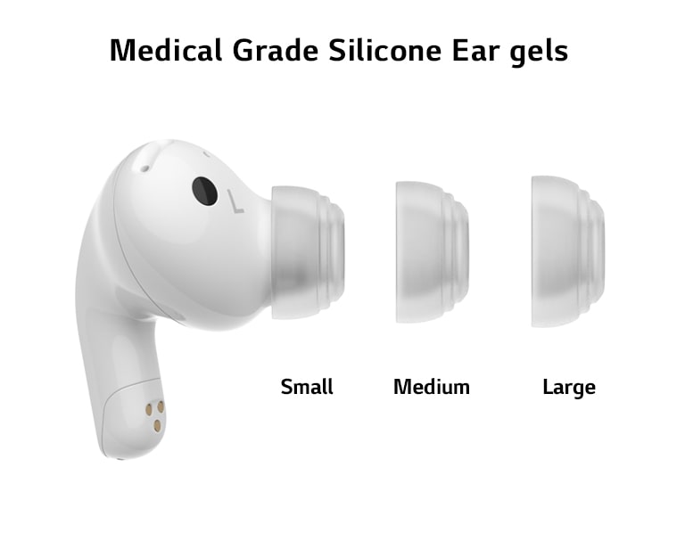 A side view of the earbud with the three sizes of ear gels.