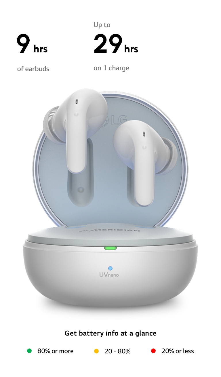 The earbuds are floating over an open cradle which is sitting on a Wireless Charger pad. Next to it are icons showing the different colors the charging cradle displays. The text "Get battery info at a glance" is displayed underneath. A green light means 80% or more. A yellow light means 20-80%. A red light means 20% or less.