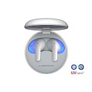 The lid of the cradle is open, showing light coming out through the earbuds inside.