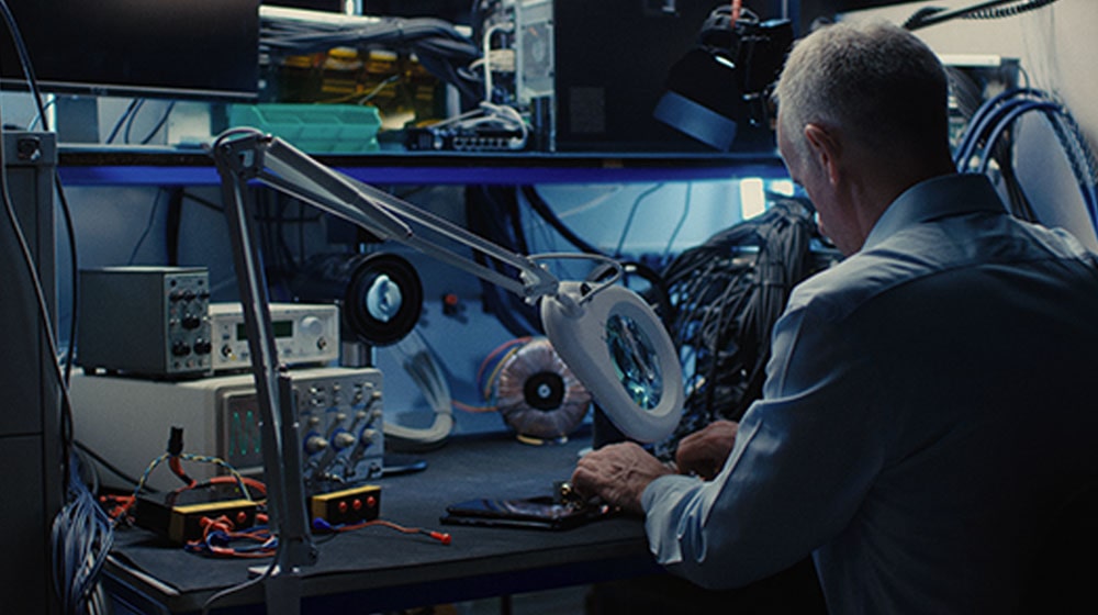 Upper left, a microphone illuminated by a spotlight. Lower left, a close up of the drivers inside a speaker. To the right, the Meridian DSP8000XE speaker.