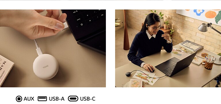 On the left, a hand plugs the cradle into a port. On the right, a woman puts the earbuds in her ear to use Plug and Wireless.