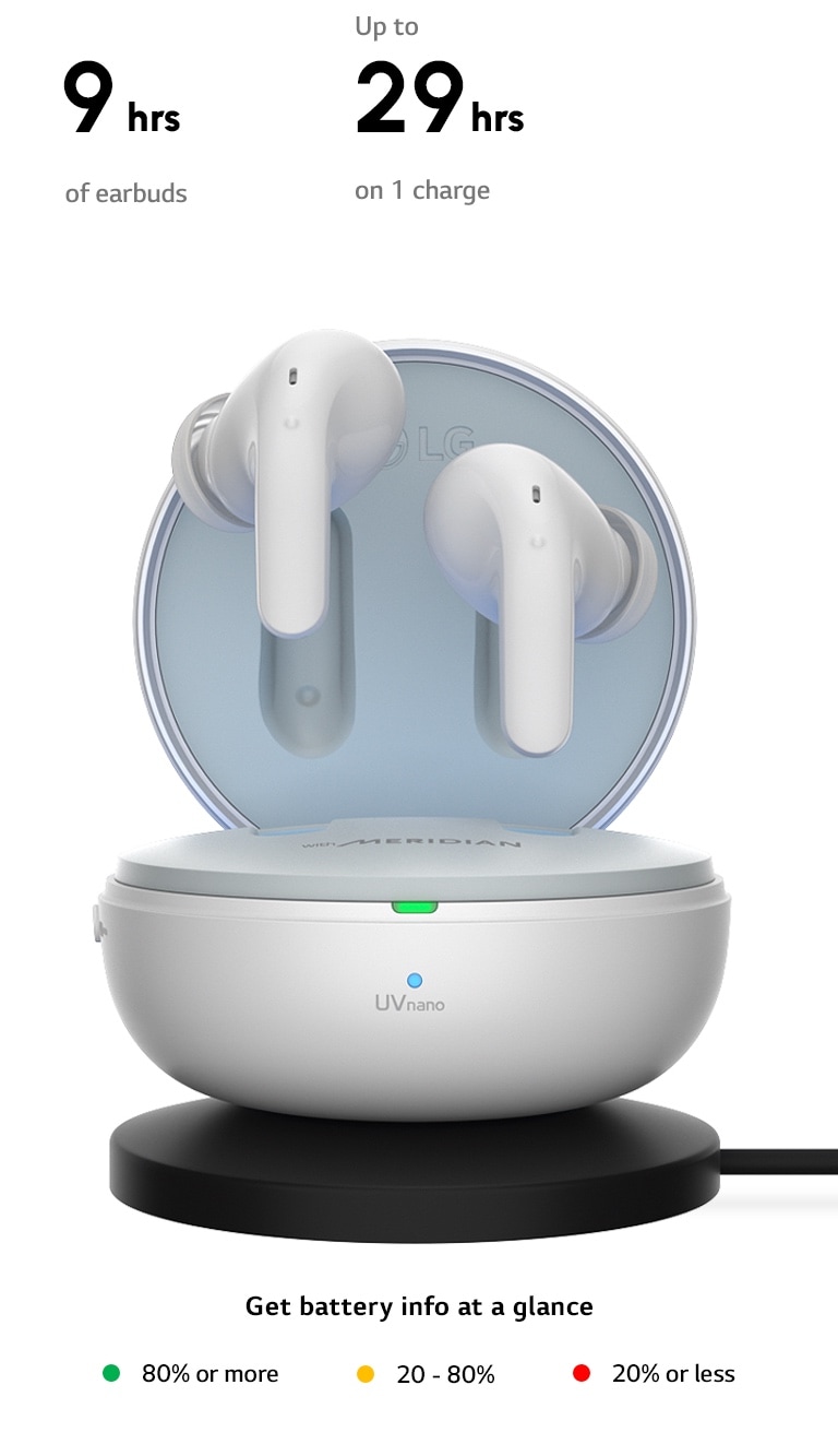 The earbuds are floating over an open cradle which is sitting on a Wireless Charger pad. Next to it are icons showing the different colors the charging cradle displays. The text "Get battery info at a glance" is displayed underneath. A green light means 80% or more. A yellow light means 20-80%. A red light means 20% or less.