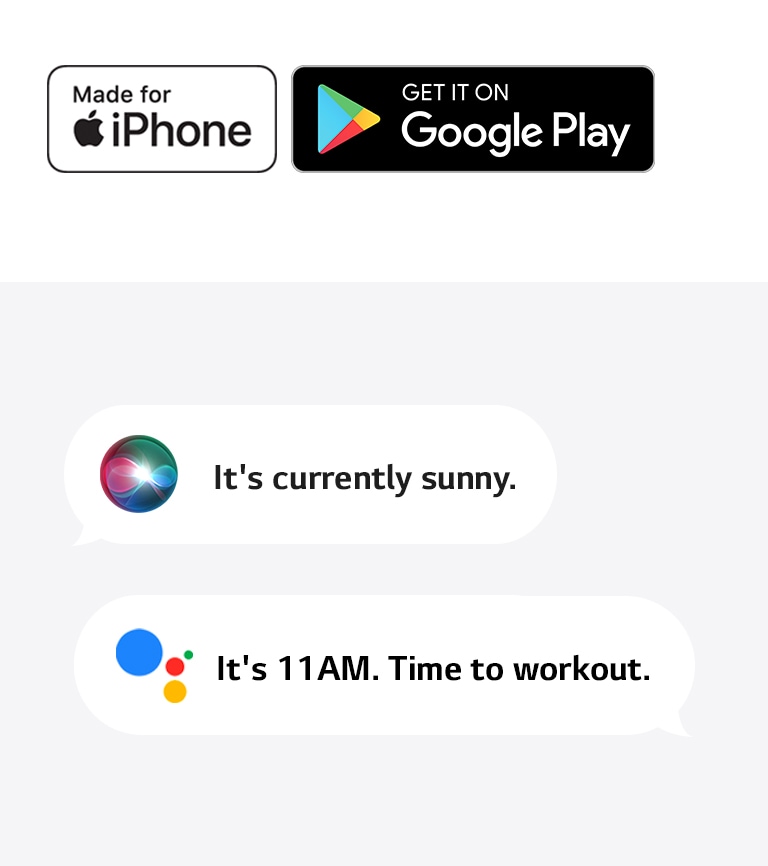 Apple Store logo. Google Play Store logo. An image of Siri saying "It's currently sunny" and Google Assistant saying "It's 11AM. Time to workout."