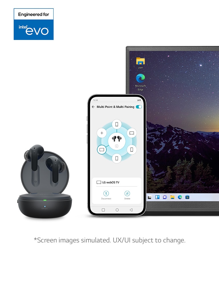 The earbuds floating above an open cradle. Next to them is a smartphone with the TONE Free app on the screen. Next to that is a TV, showing the easy connection switching. On the left is the intel evo logo.