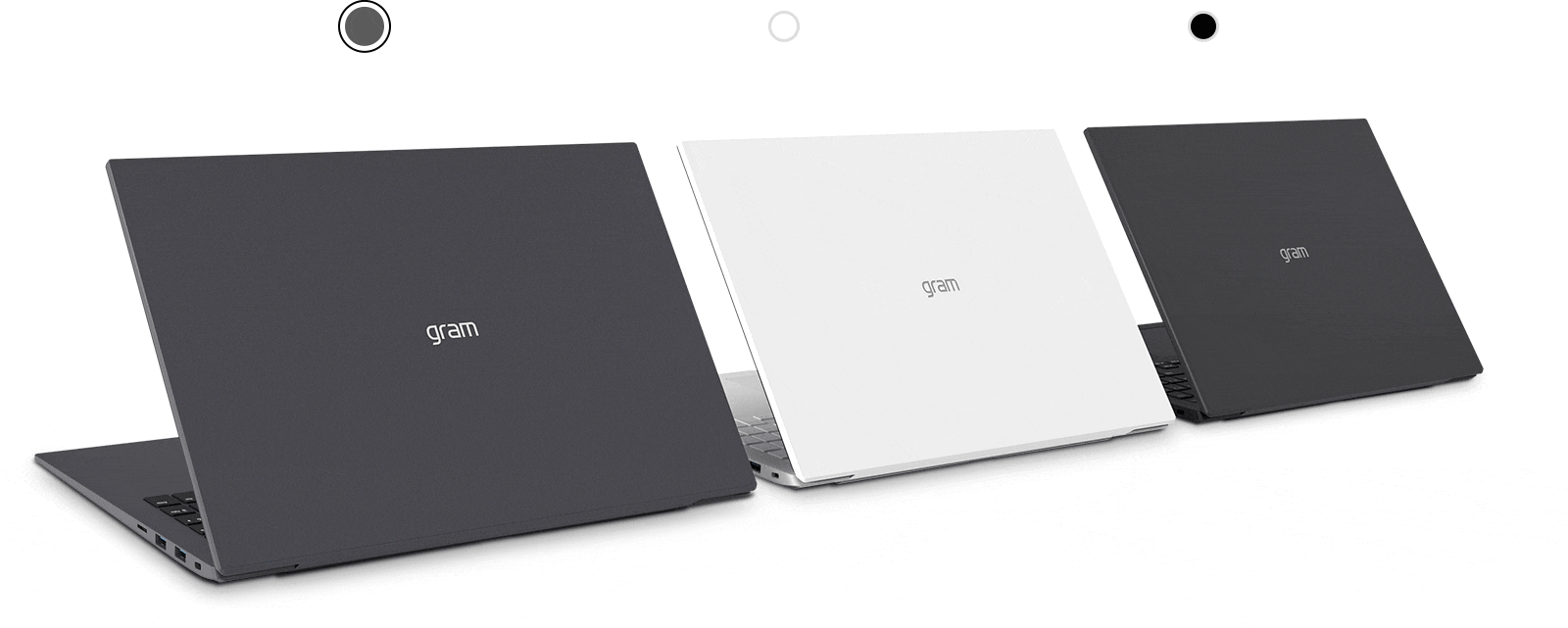 Three LG gram laptops are lined up diagonally.