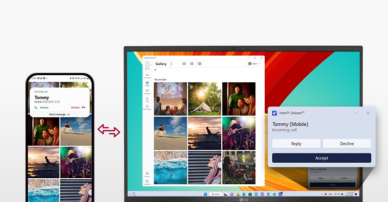 It shows that the mobile device and gram are connected to transfer files easily, send test messages, and make a phone call with gram.