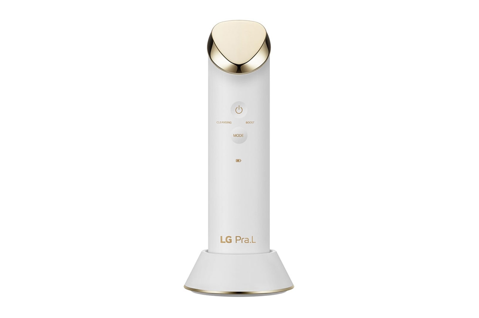 Front view of LG Pra.L Galvanic Ion Booster in white with gold details, BBL1