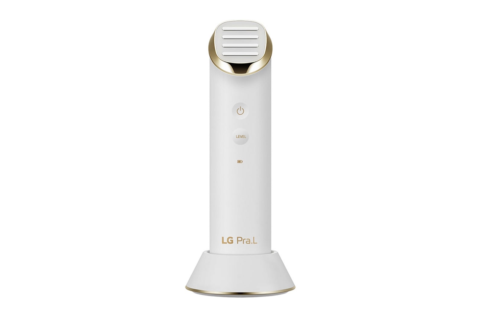 Front view of LG Pra.L Total Lift Up Care in white with gold decoration, BLL1