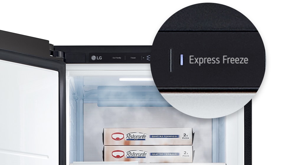 The Express Freeze button is enlarged and highlighted, and cold air comes out from the inside.