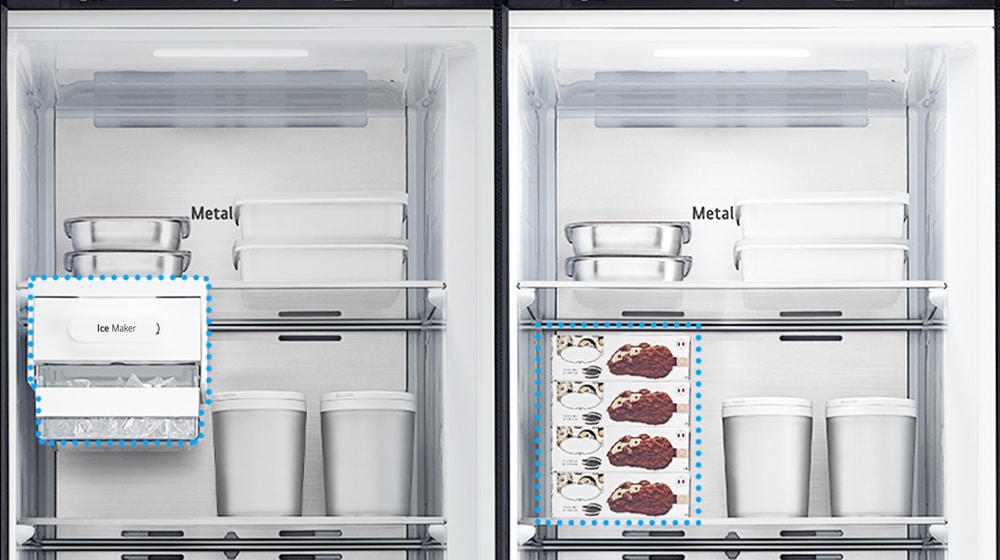 The image shows a removable ice maker. The space where the ice maker was removed is filled with food.