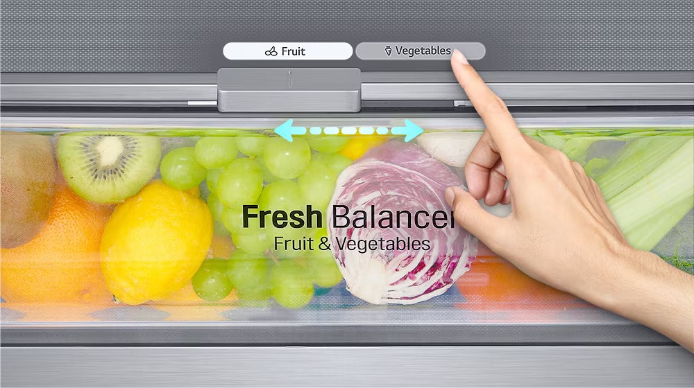 It shows that there is a button for maintaining the proper moisture level of fruits and vegetables and can be moved by hand.