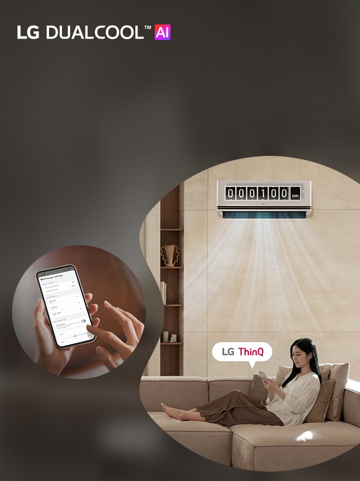 LG DUALCOOL AI air conditioner ad showing a woman on a sofa using the ThinQ app to manage energy.
