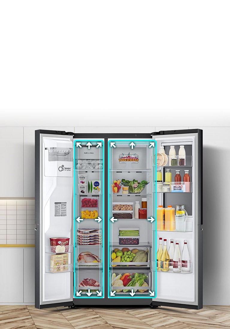 A video begins with the front view of the refrigerator with both doors wide open. The interior spaces are outlined in a neon lines and arrows begin to push the lines out to show that there is now more space inside. The neon square around the interior spaces flashes to show the difference between the new space and the old smaller space which is now outlined in a dotted white line.